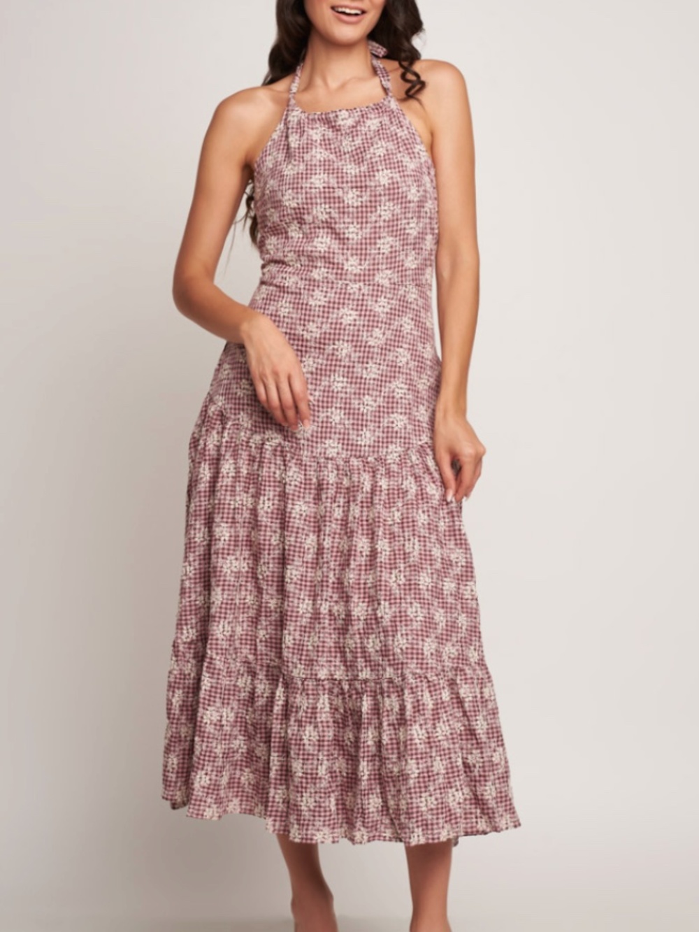 Just Me Pink Gingham Floral Maxi Dress NWOT